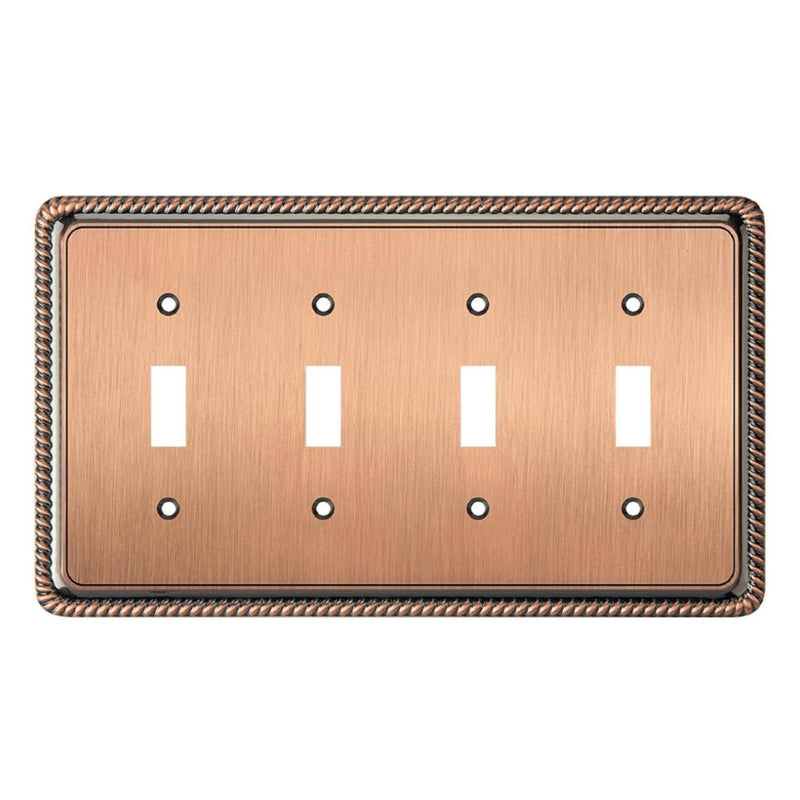 Copper four-toggle switch plate with decorative border on a white background