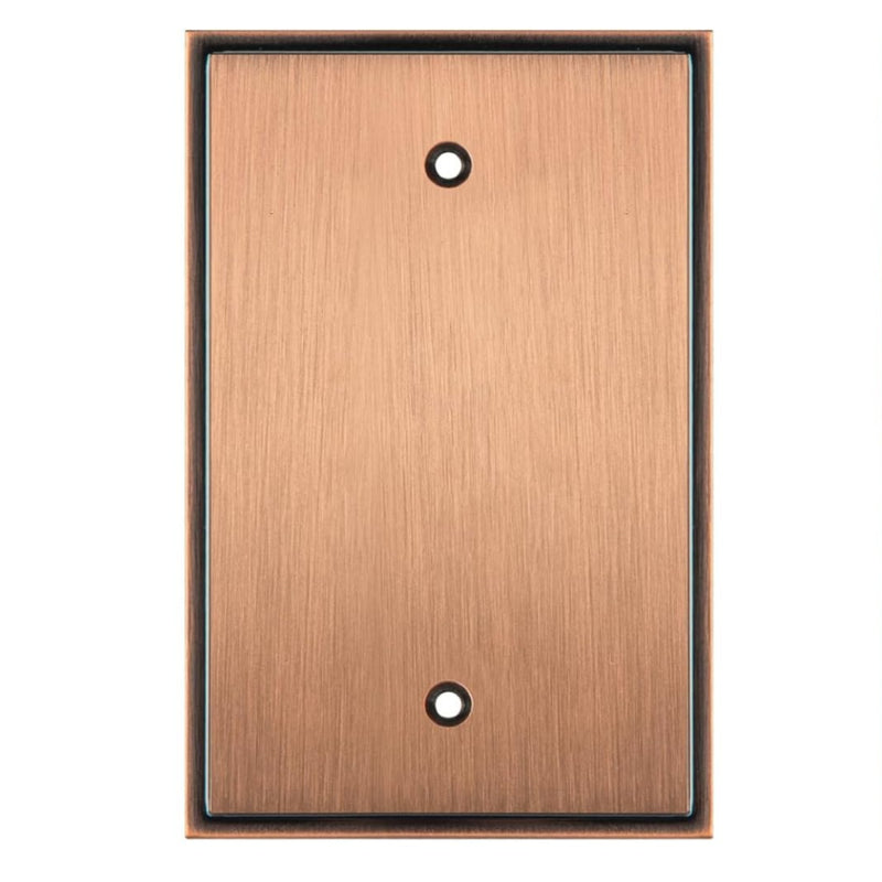 Copper-colored wall plate with two holes on a white background