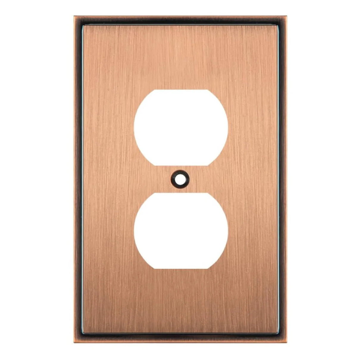 Copper electrical outlet cover with two sockets on a white background