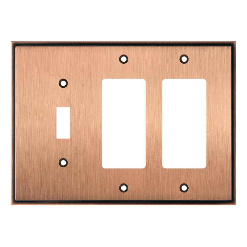 Copper-colored wall plate with three electrical outlets on a white background