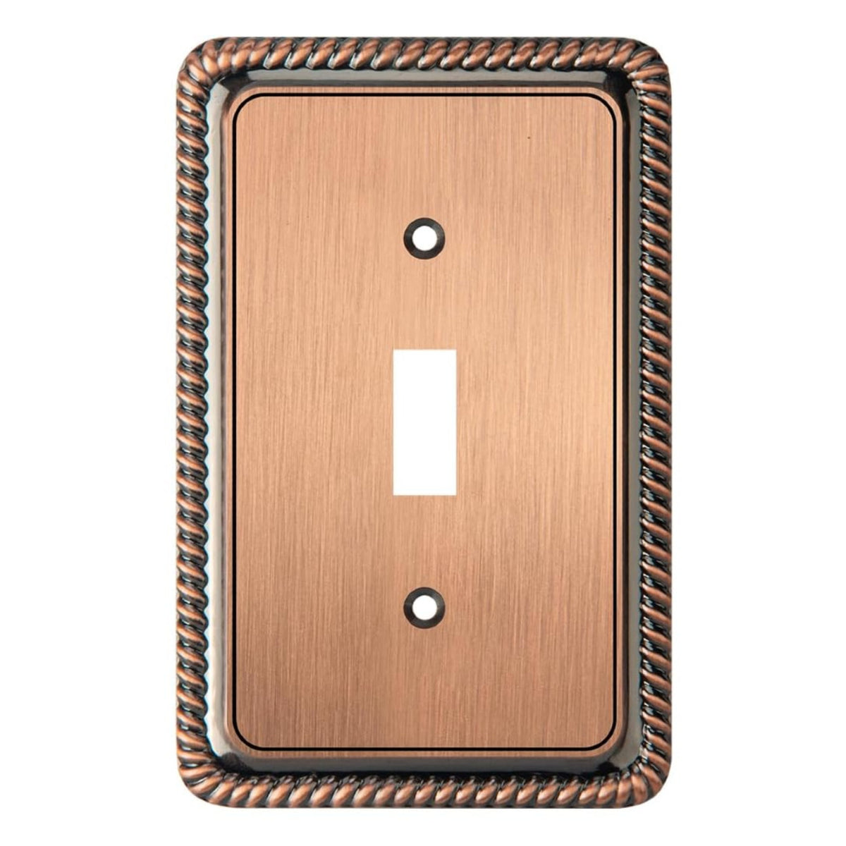 Copper-colored switch plate with decorative border on a white background
