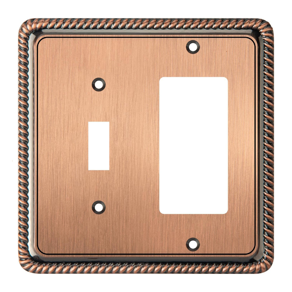 Copper-colored wall switch plate with two outlets on a white background