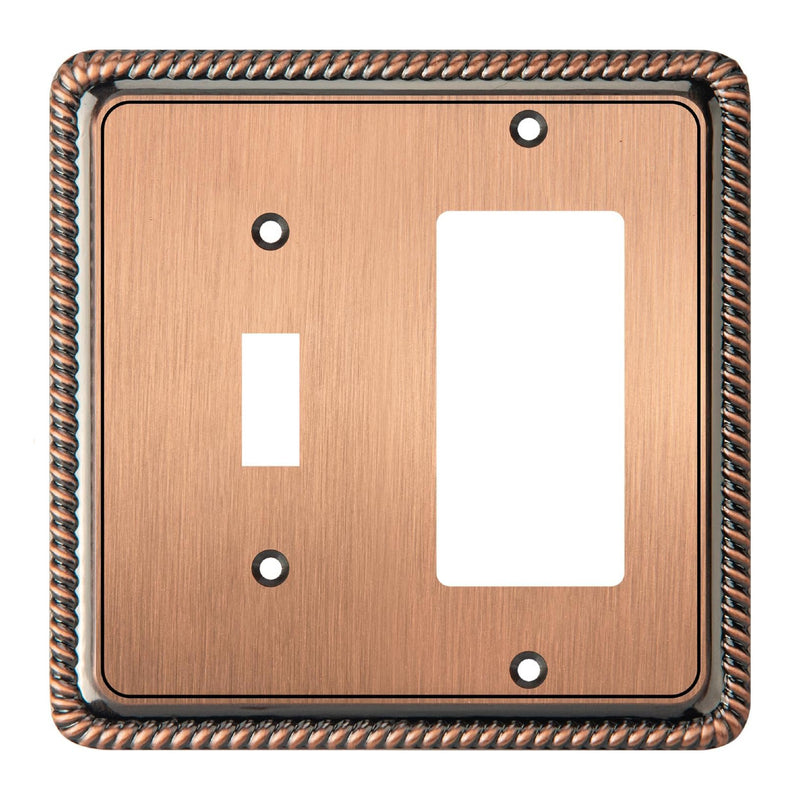 Copper-colored wall switch plate with two outlets on a white background