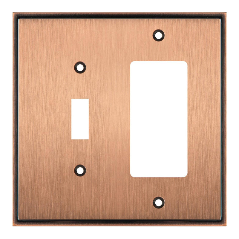 Copper-colored wall switch plate with two outlets on a white background