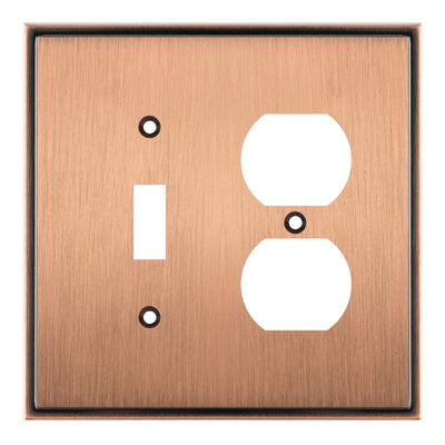 Copper wall plate with two electrical outlets on a white background