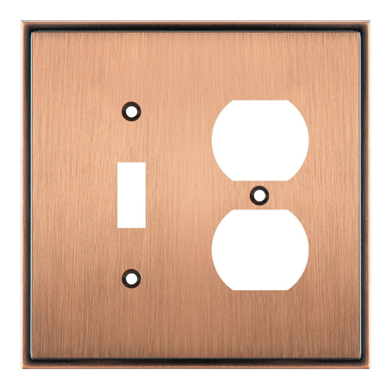 Copper wall plate with two electrical outlets on a white background