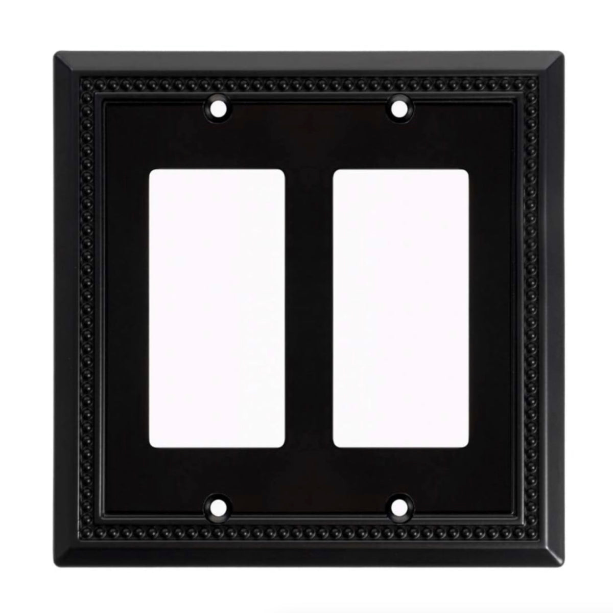 Black double-gang wall plate with decorative border on a white background