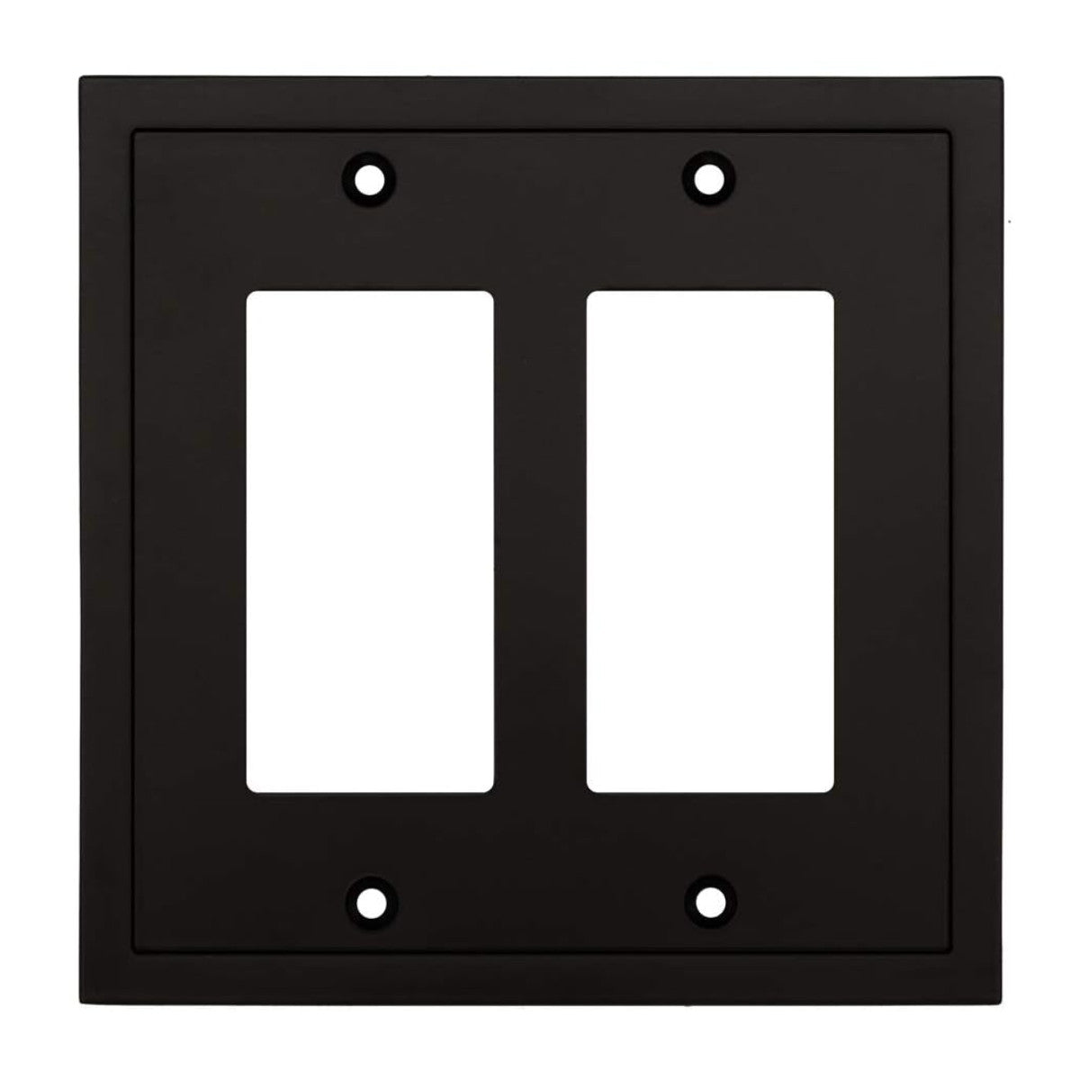 Black double-gang wall plate with white inserts on a white background