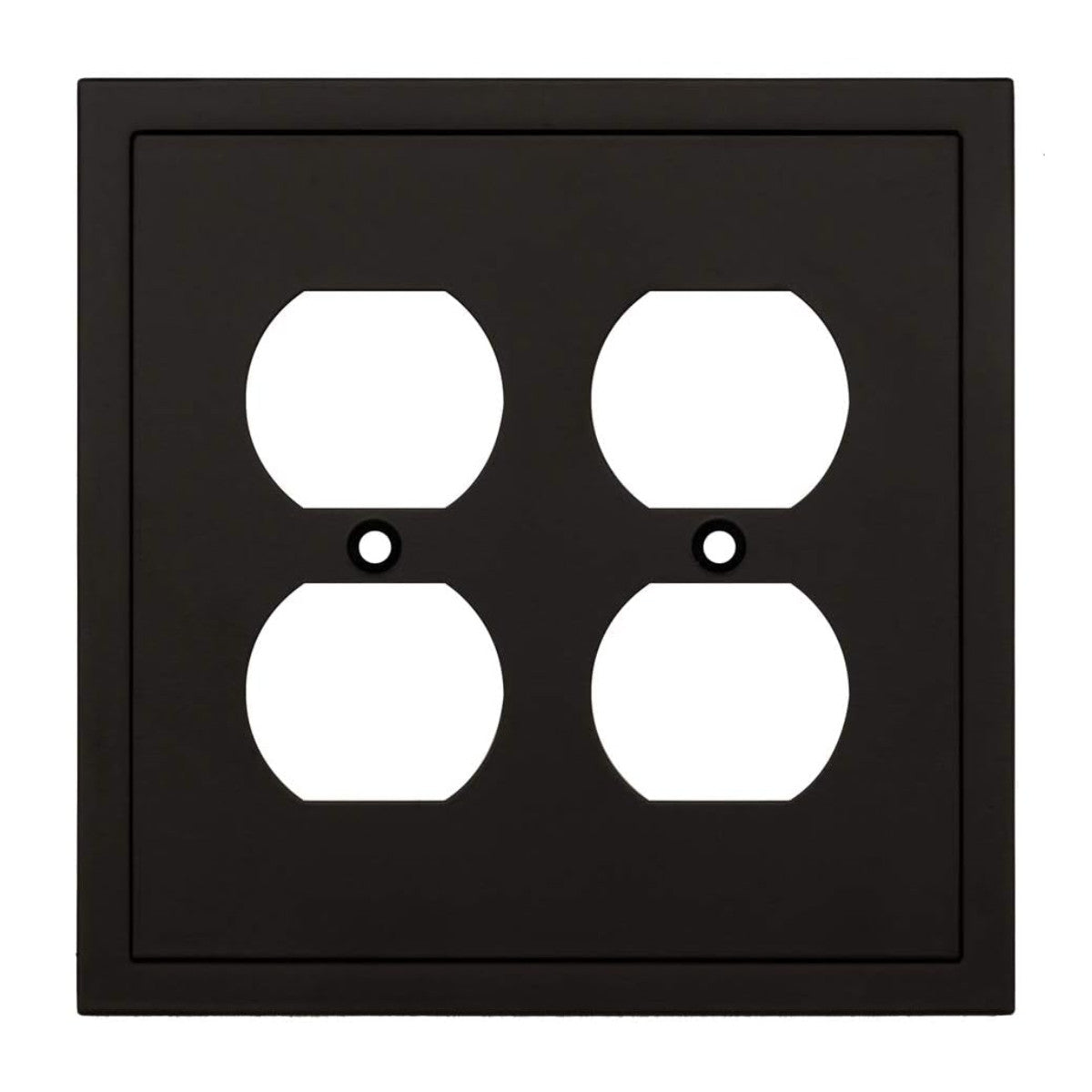 Black electrical outlet cover with white sockets on a white background