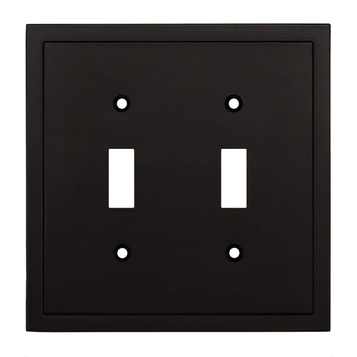 Black double toggle switch plate with white switches on a white background