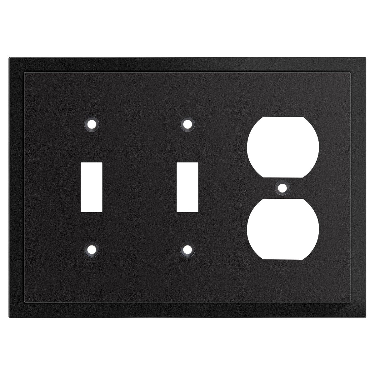A black double-gang light switch plate cover with an integrated outlet cutout, shown against a plain white background.