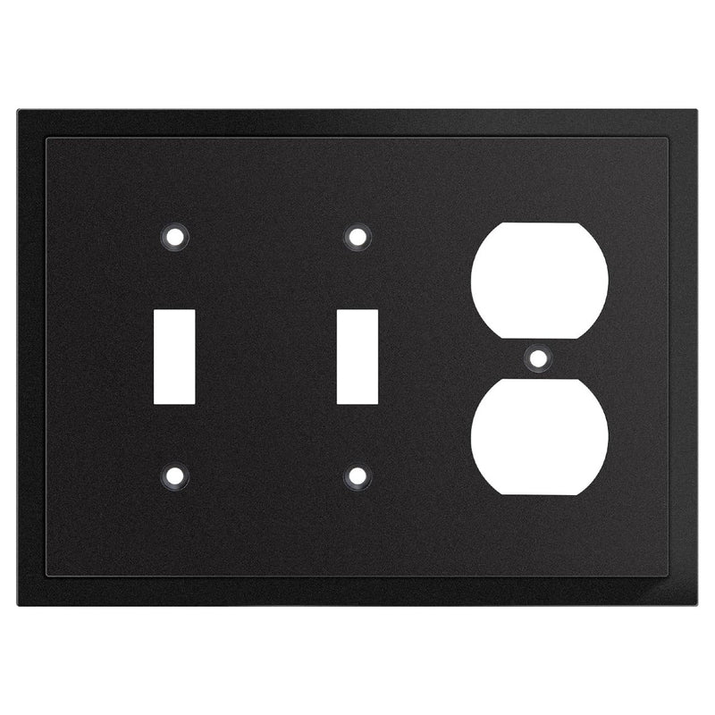 A black double-gang light switch plate cover with an integrated outlet cutout, shown against a plain white background.