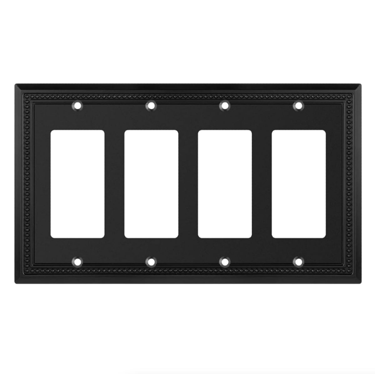 Black decorative wall plate with four blank sockets on a white background