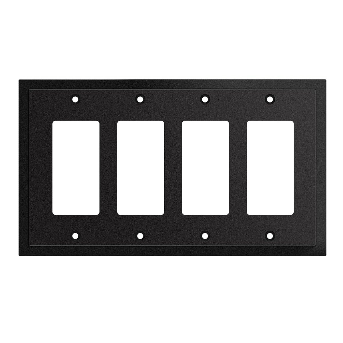 Black four-gang wall plate with white inserts on a white background