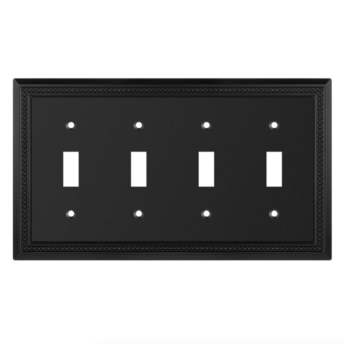 Black four-toggle switch plate on a white background