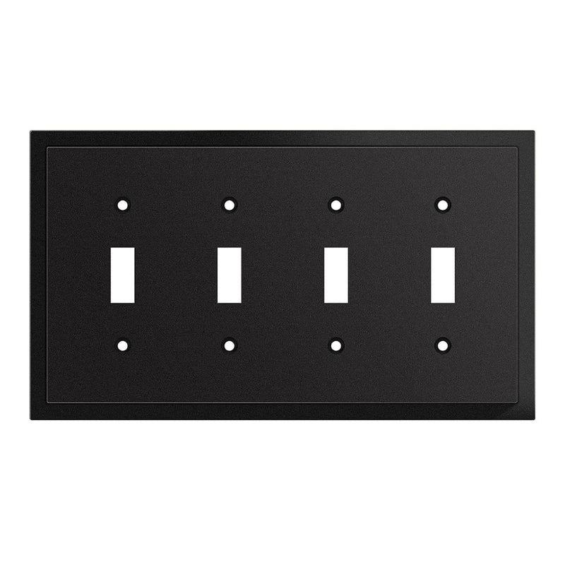 Black four-gang switch plate with white switches on a white background