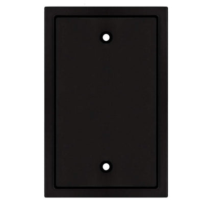 Black rectangular wall plate with two holes on a white background