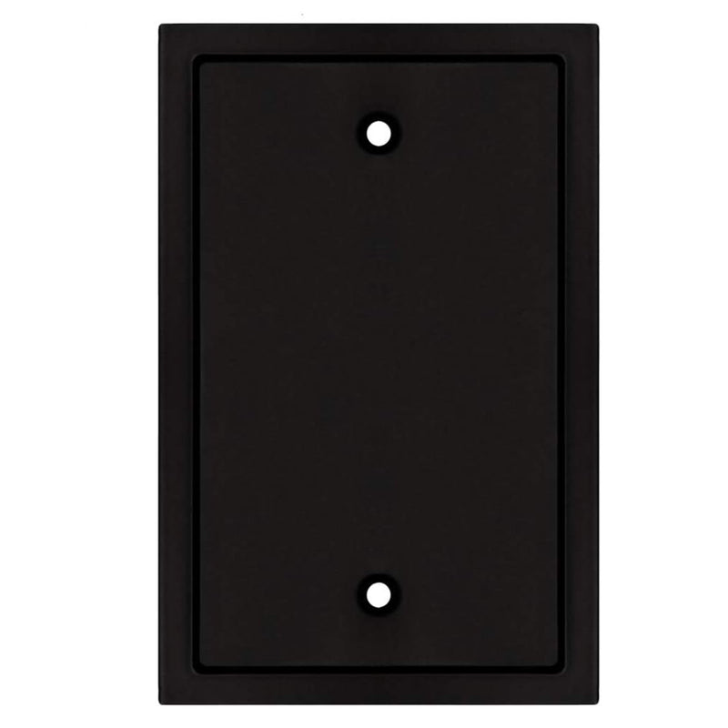 Black rectangular wall plate with two holes on a white background