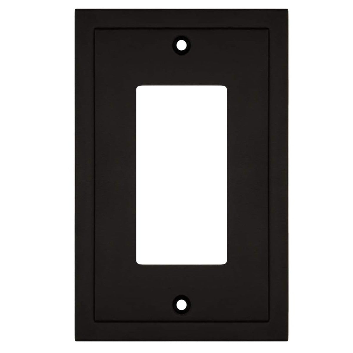 Black wall plate with a single white rocker switch on a white background