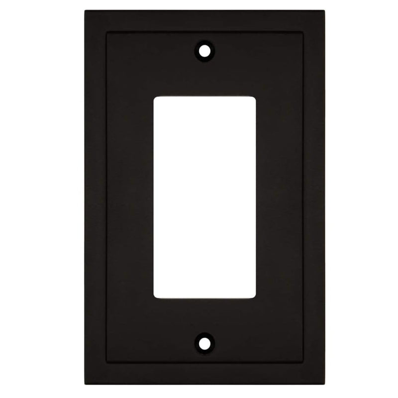 Black wall plate with a single white rocker switch on a white background