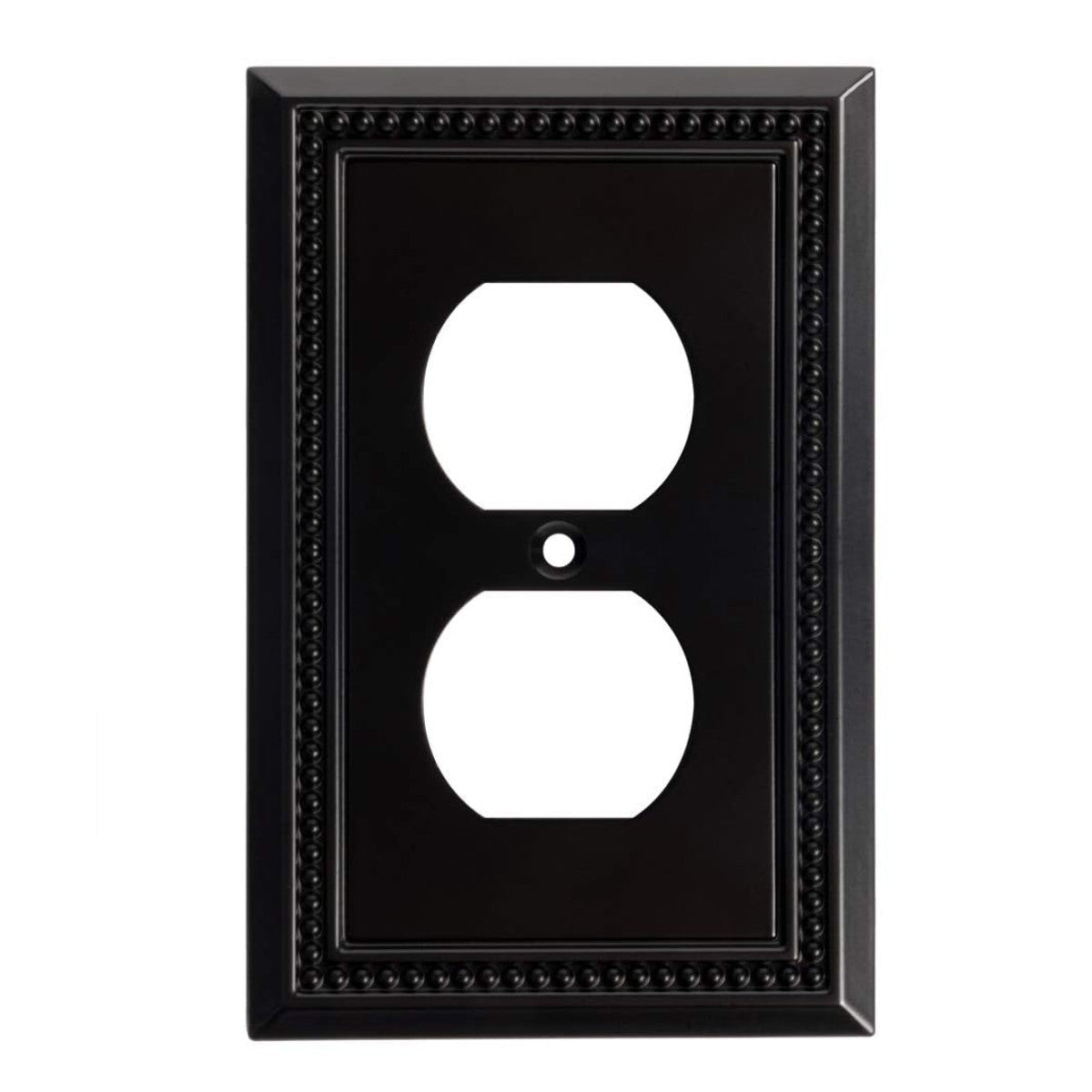 Black decorative wall outlet cover with a white outlet design on a white background