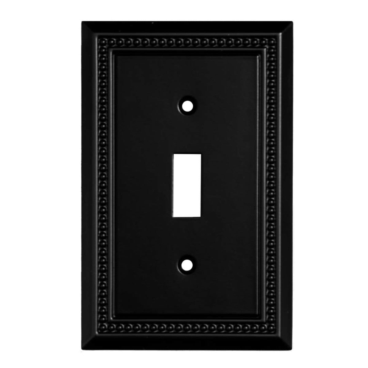 Black decorative light switch cover with a single toggle design on a white background