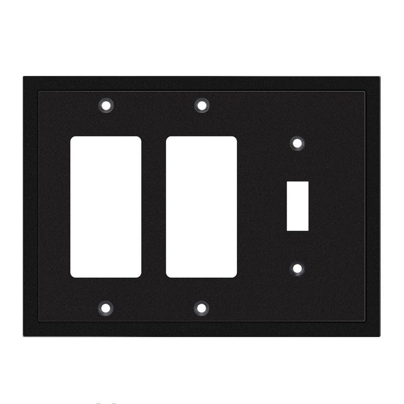 Black wall plate with two switch slots on a white background