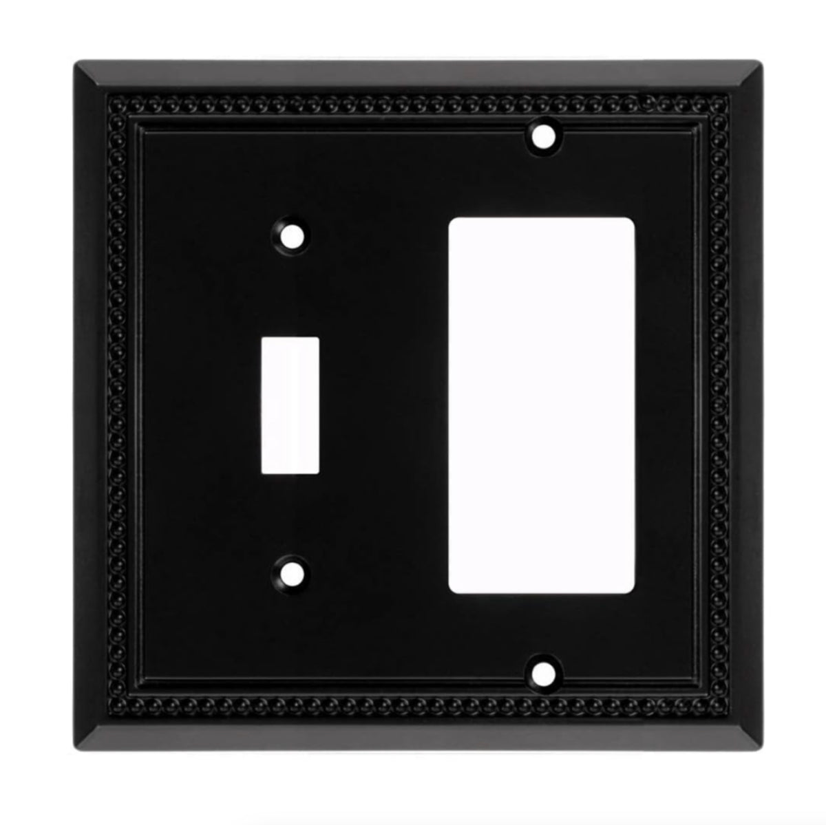 Black wall plate with a single toggle and a single rocker switch on a white background
