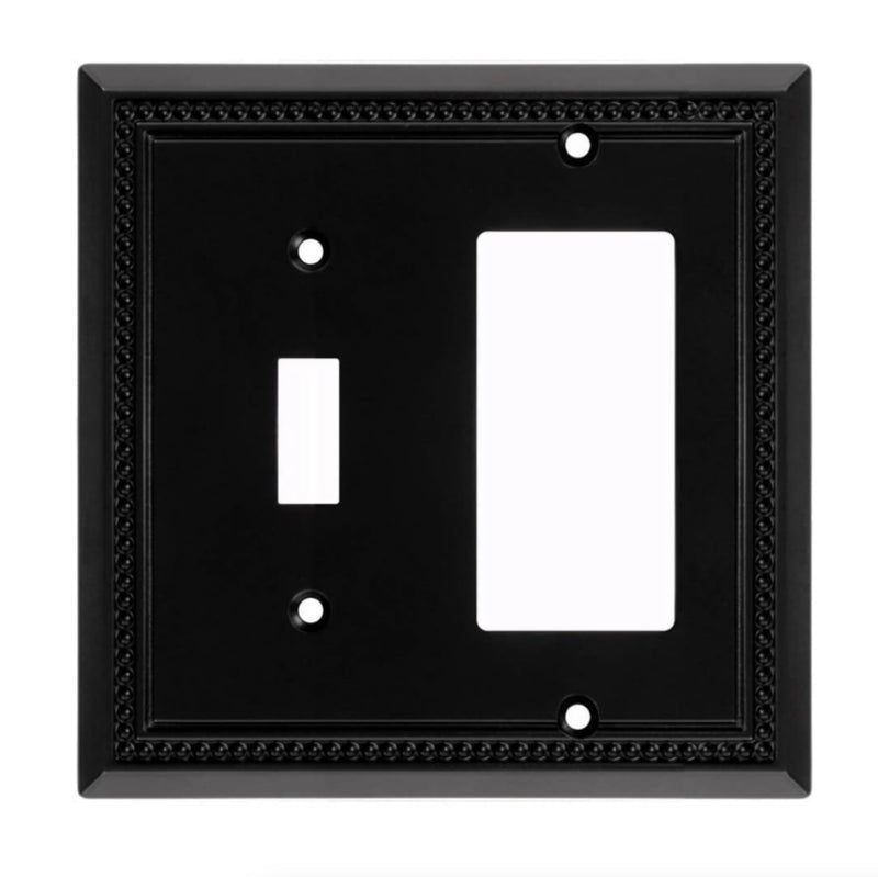 Black wall plate with a single toggle and a single rocker switch on a white background