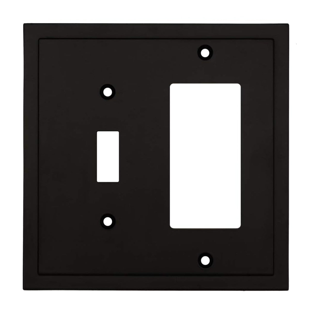 Black wall plate with a single toggle and a single rocker switch on a white background