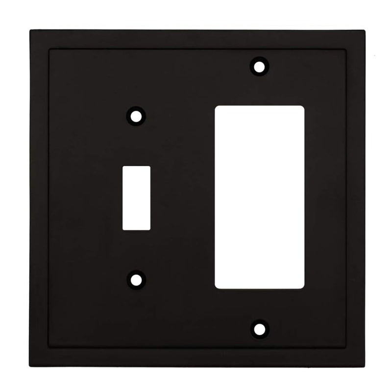 Black wall plate with a single toggle and a single rocker switch on a white background