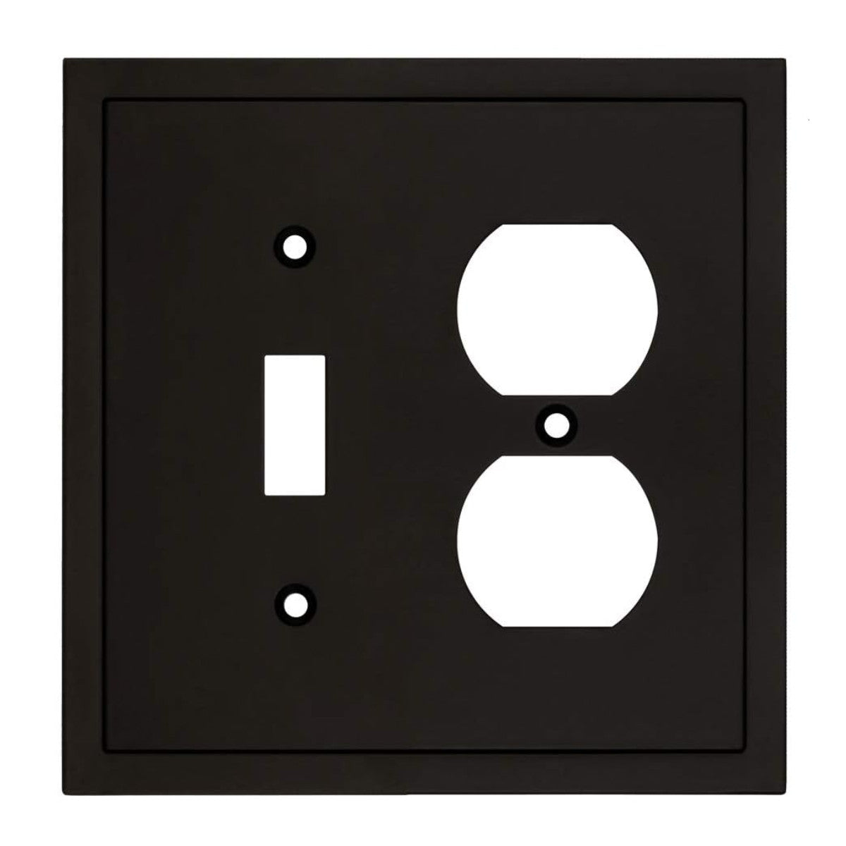 Black wall plate with white switch and outlet symbols on a white background