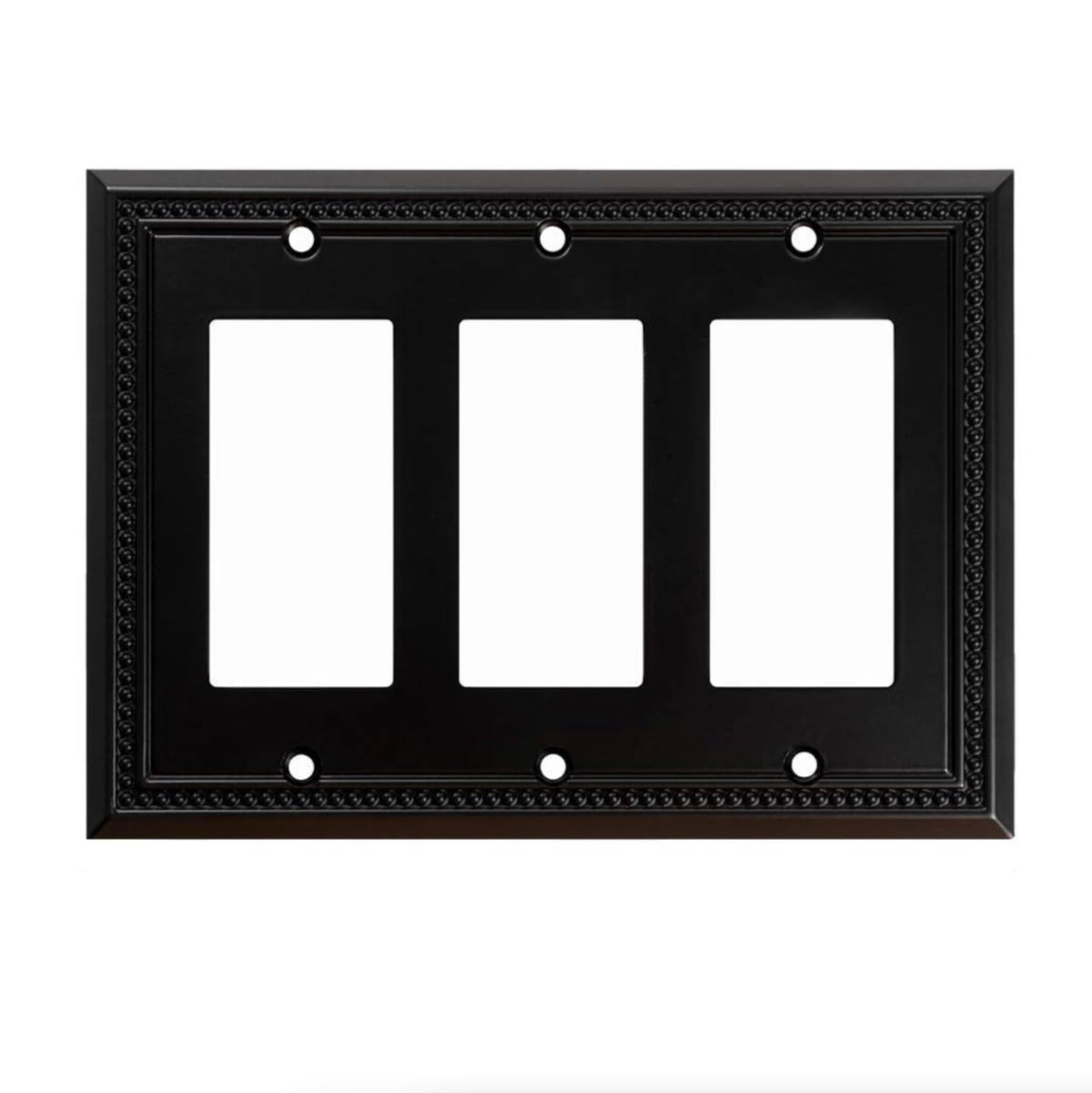 Black three-gang wall plate with white inserts on a white background