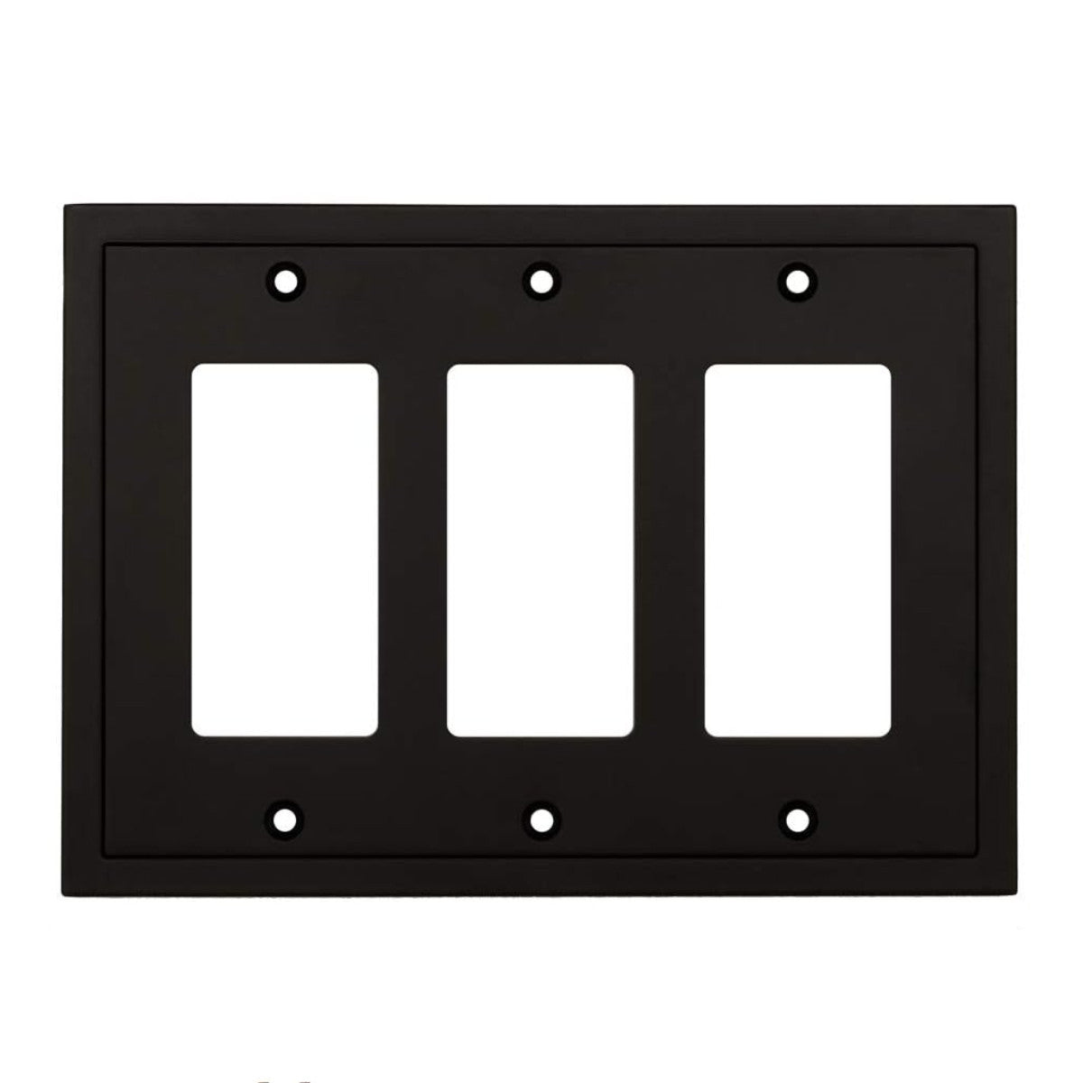 Black three-gang wall plate with white inserts on a white background