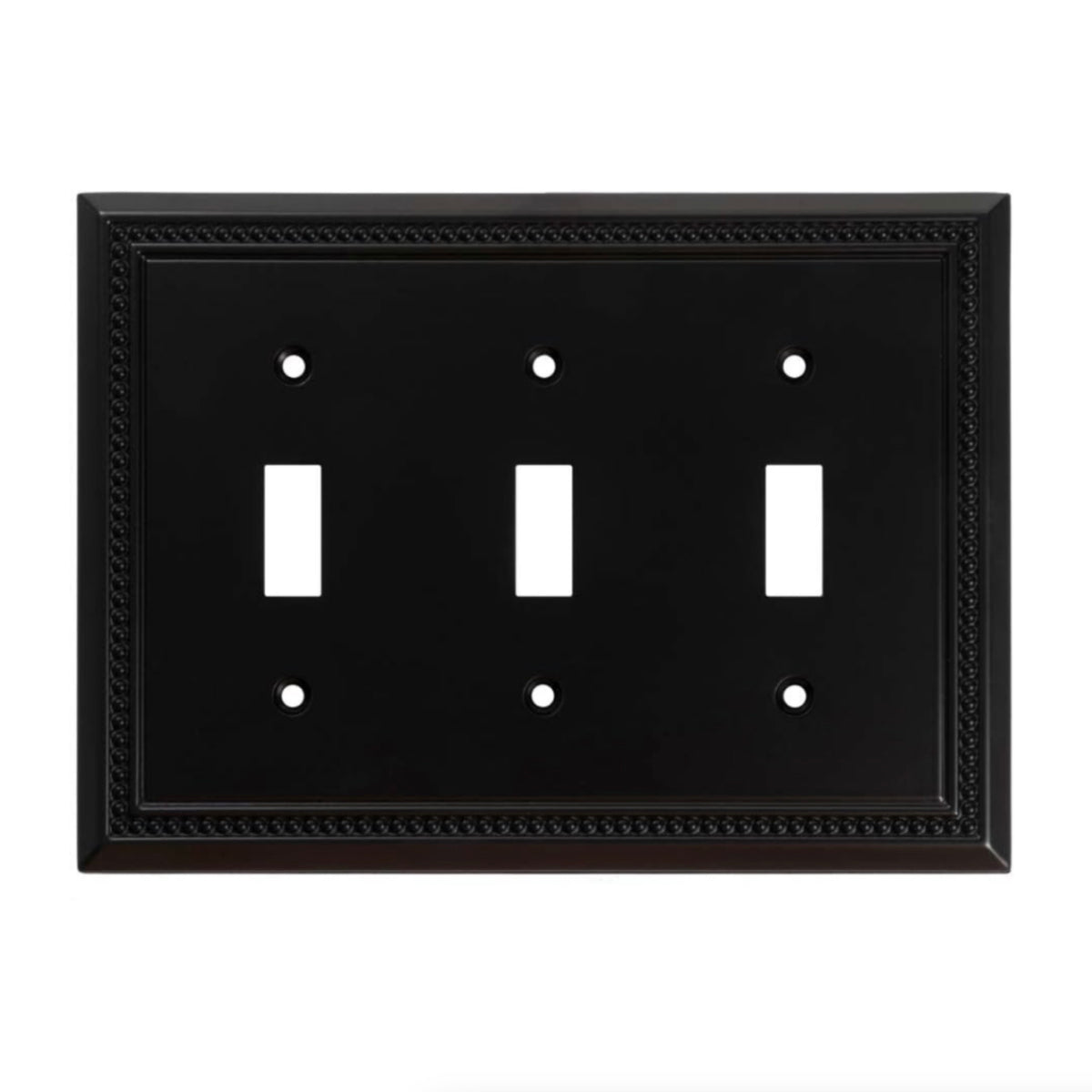 Black switch plate with three toggle switches on a white background