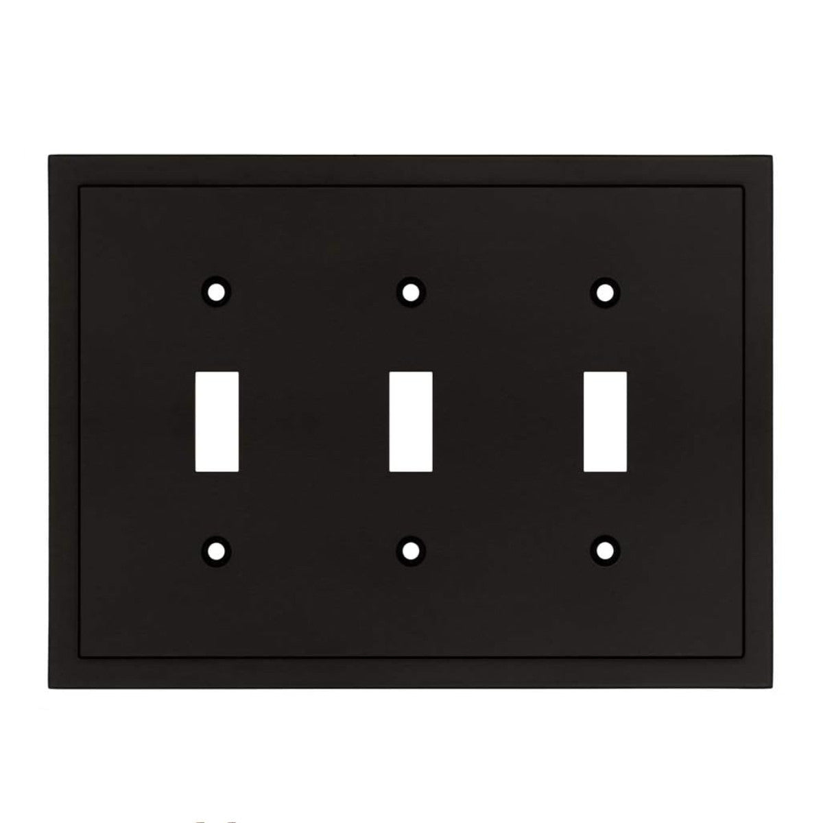 Black three-toggle switch plate on a white background