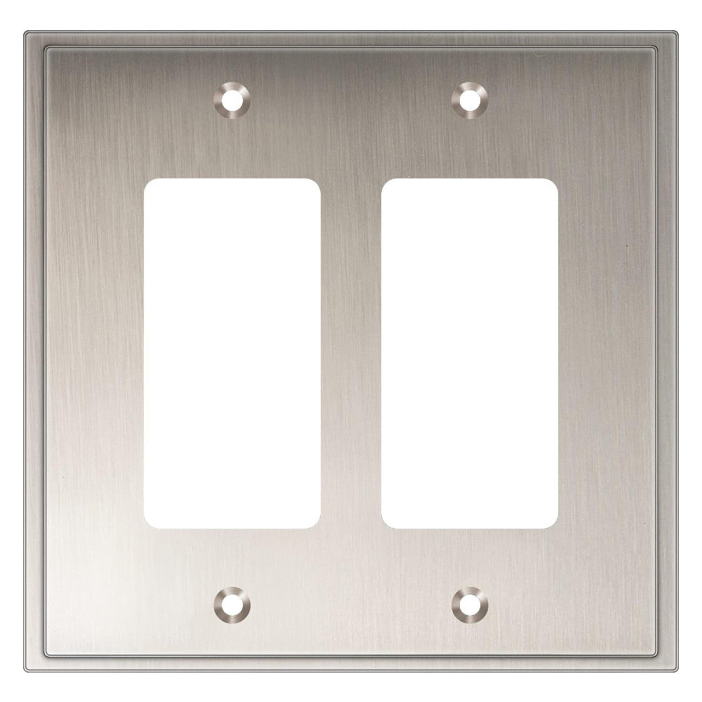 Satin nickel double gang wall plate with brushed finish on a white background