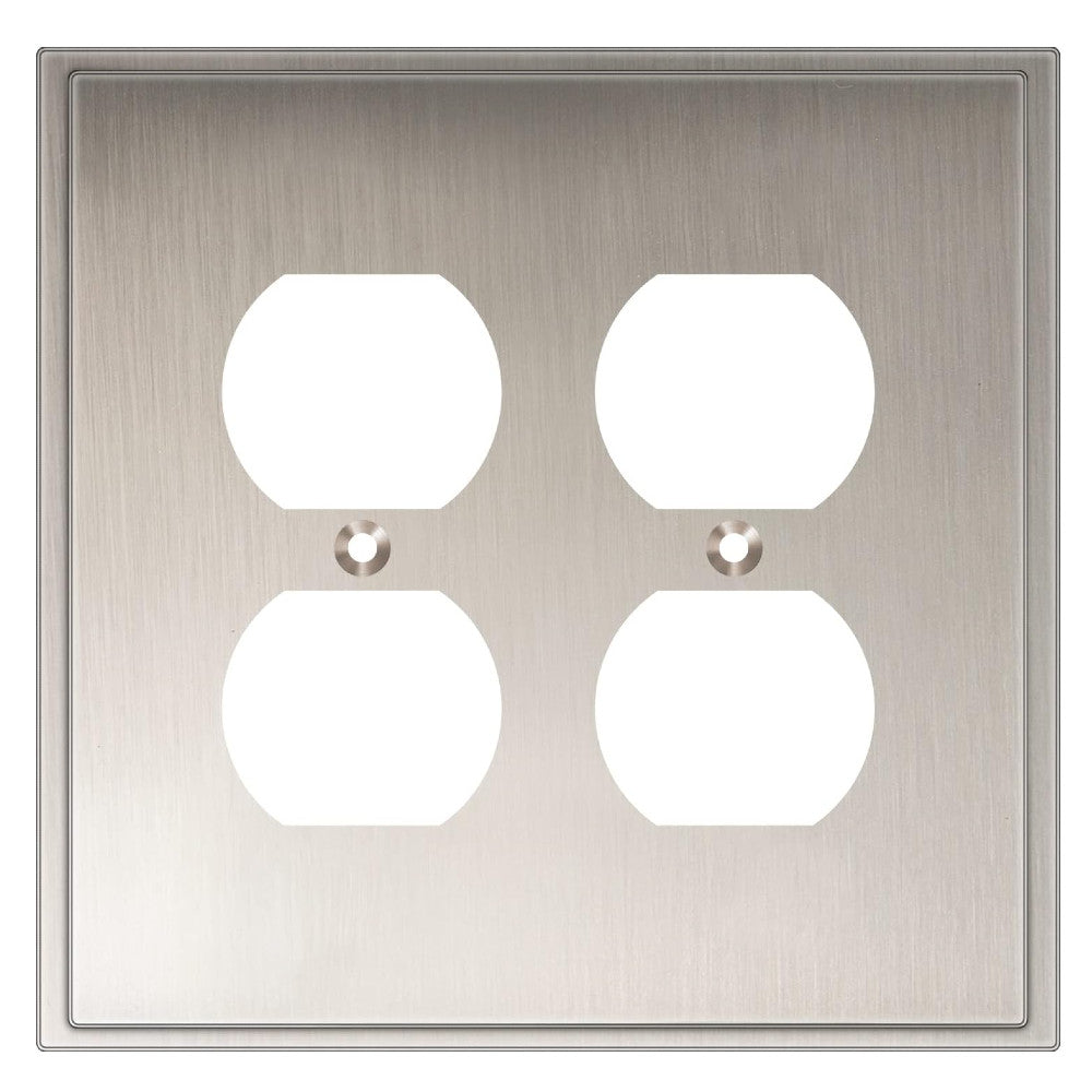 Satin nickel wall plate with two electrical outlets on a white background