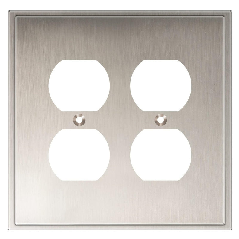 Satin nickel wall plate with two electrical outlets on a white background