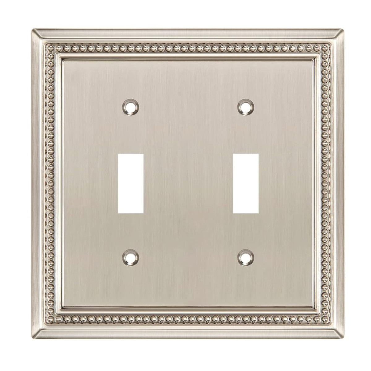 Double toggle switch plate with decorative border on a white background