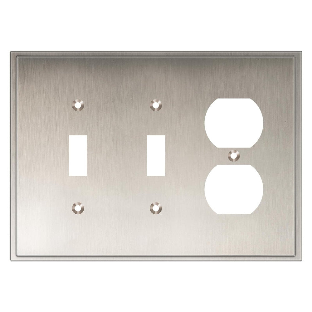 Satin nickel wall plate with two toggle switches and one outlet on a white background
