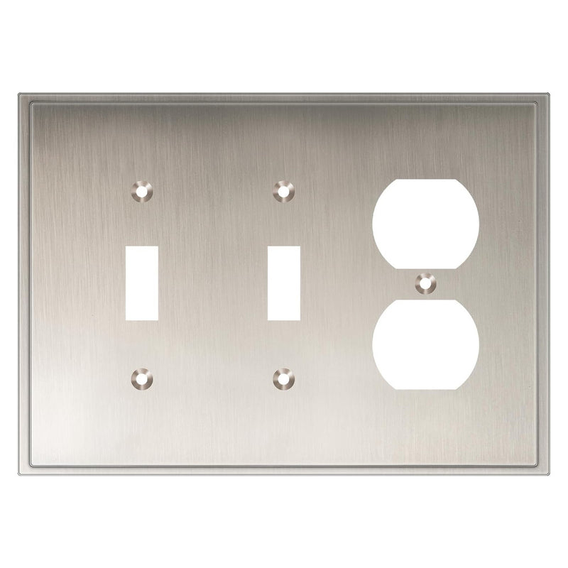 Satin nickel wall plate with two toggle switches and one outlet on a white background