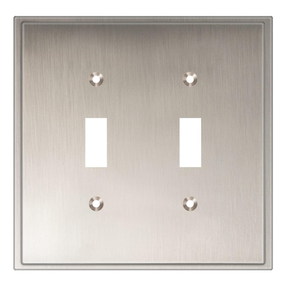 Satin nickel double toggle switch plate on a white background