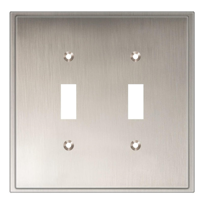 Satin nickel double toggle switch plate on a white background