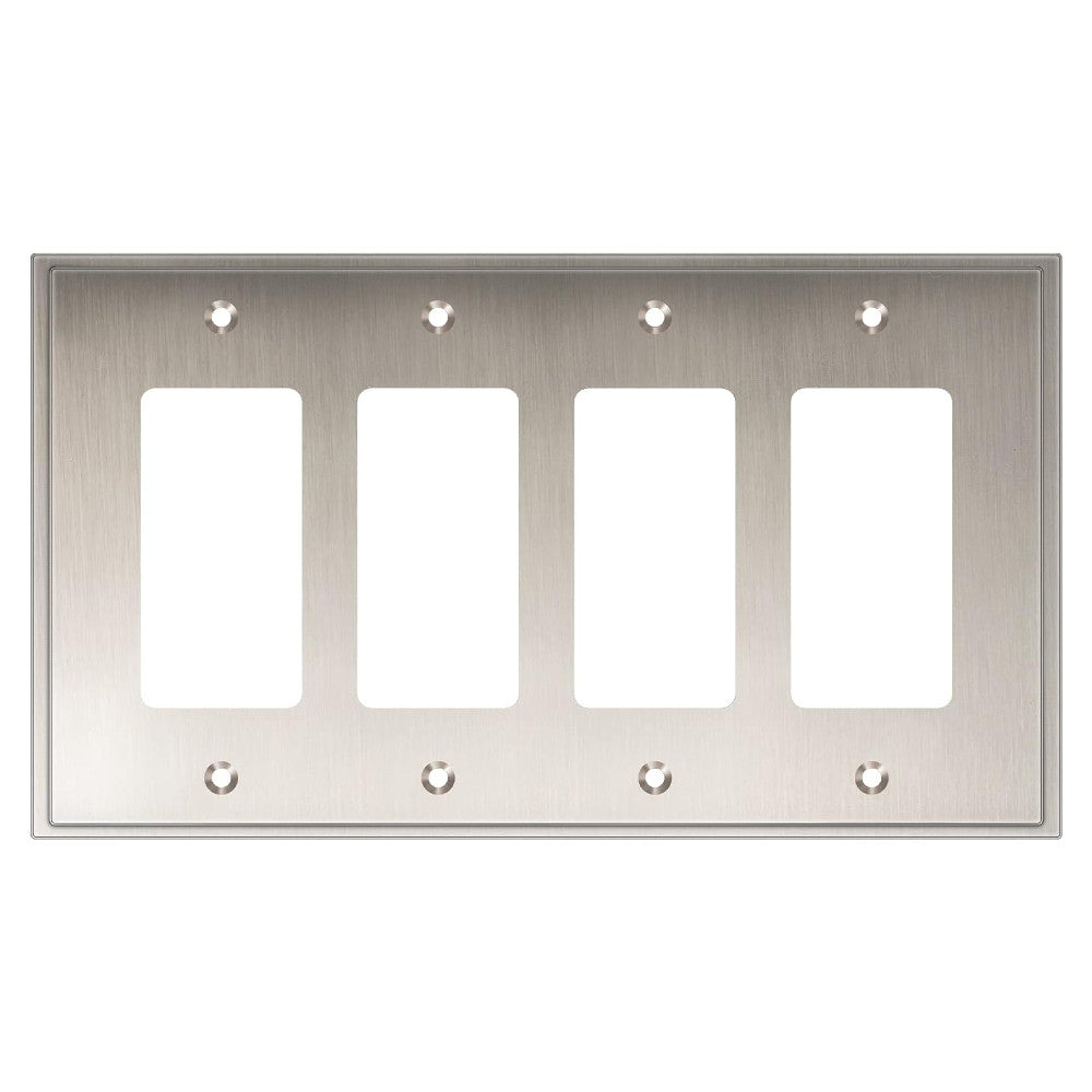 Satin nickel wall plate with four sockets on a white background