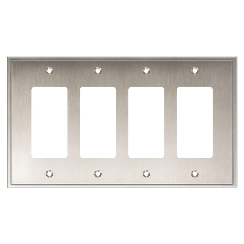 Satin nickel wall plate with four sockets on a white background