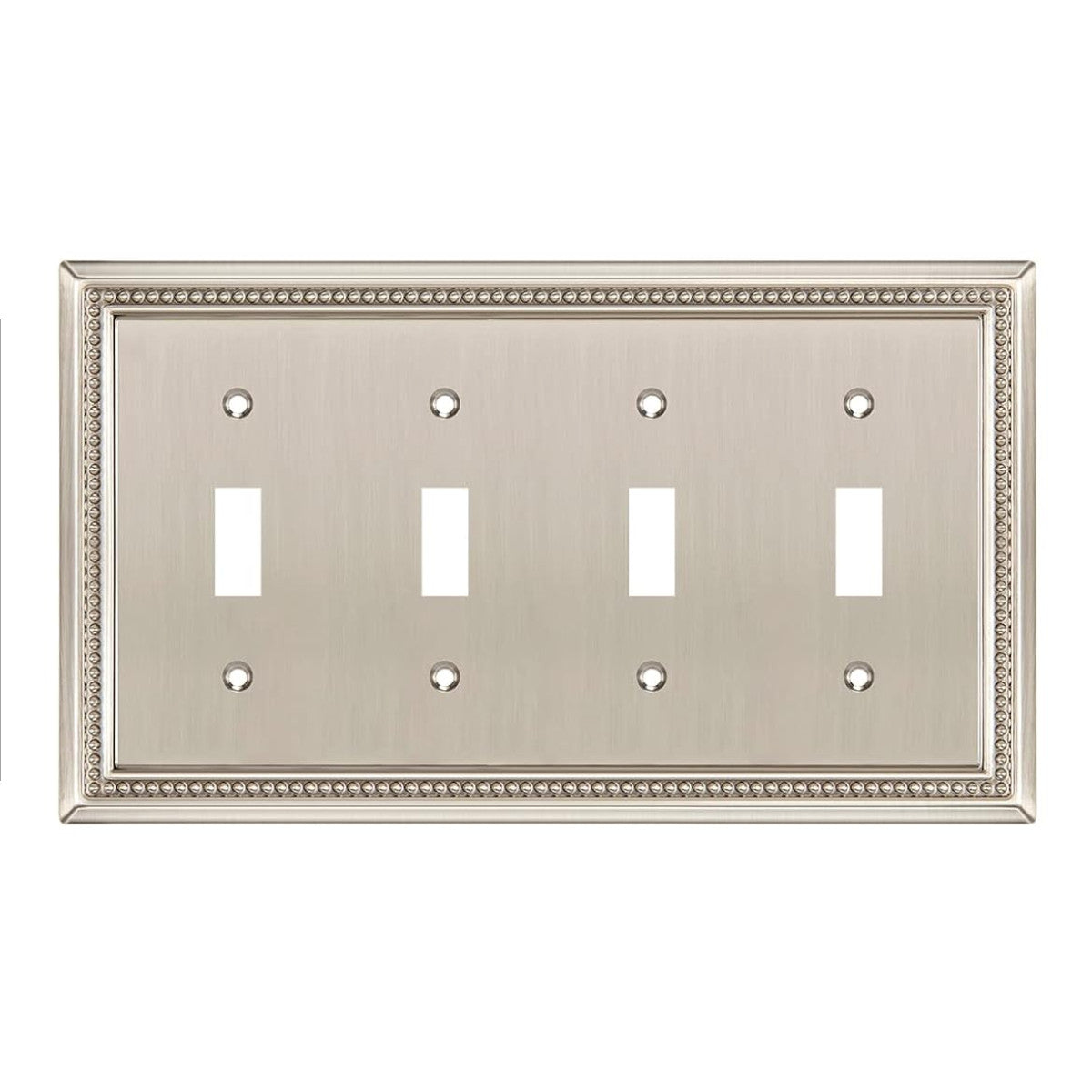 Decorative metallic wall plate with four toggle switches on a white background