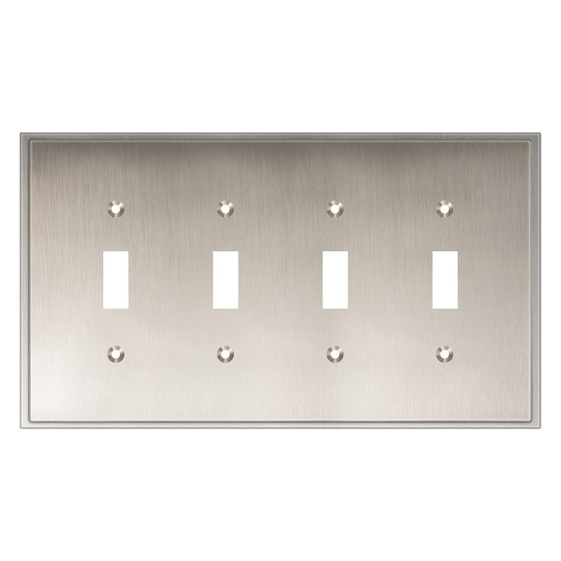 Satin nickel four-gang switch plate on a white background