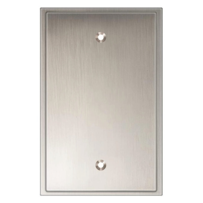 Satin nickel rectangular plate with two circular cutouts on a white background