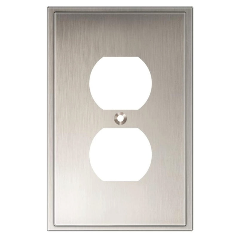 Satin nickel wall plate with two electrical outlets on a white background
